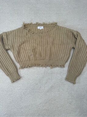 Luca Cropped Distressed Knit Sweater - Tan